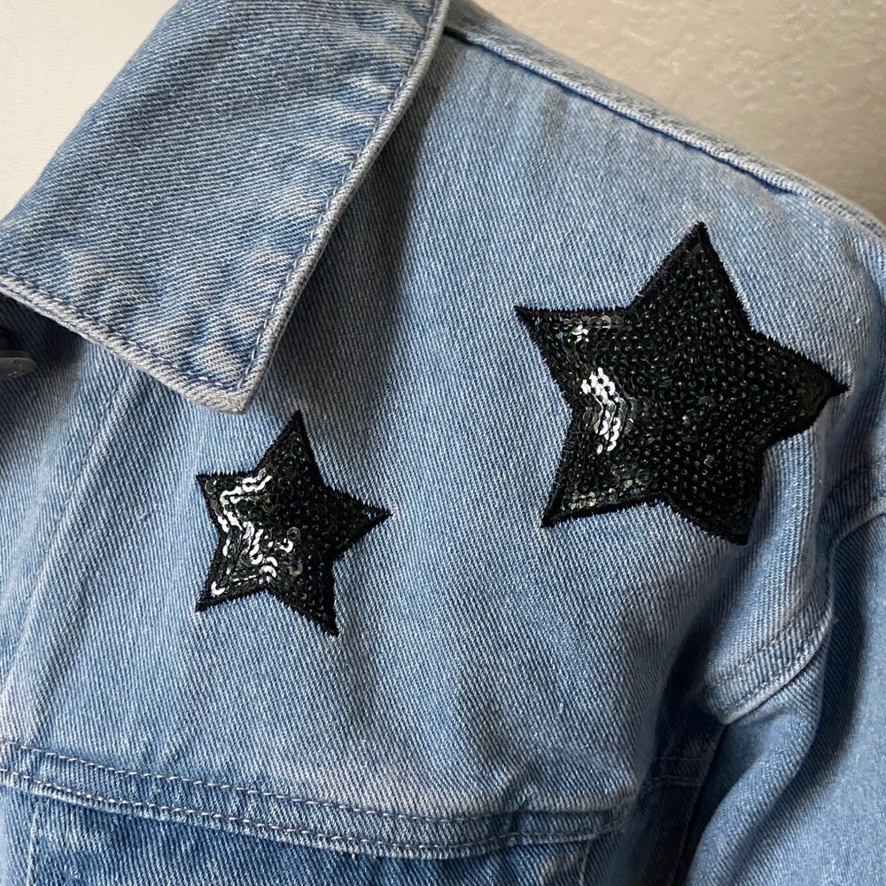 Sale! Nasty Gal Blue Denim Jacket with Black Sequin Stars. US Size 6 - Picture 4 of 17